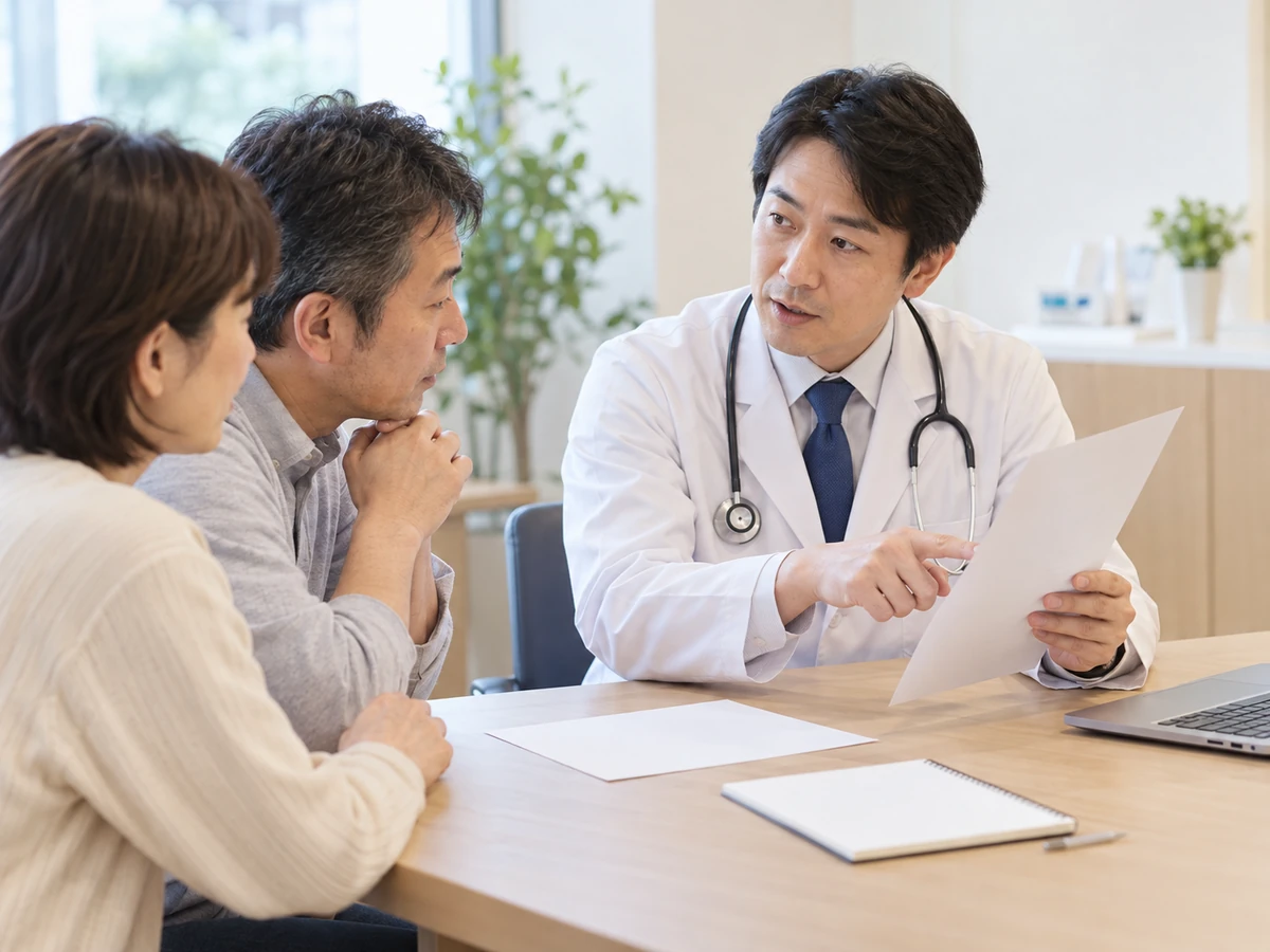 医師から病型の説明を受ける男性と家族の写真