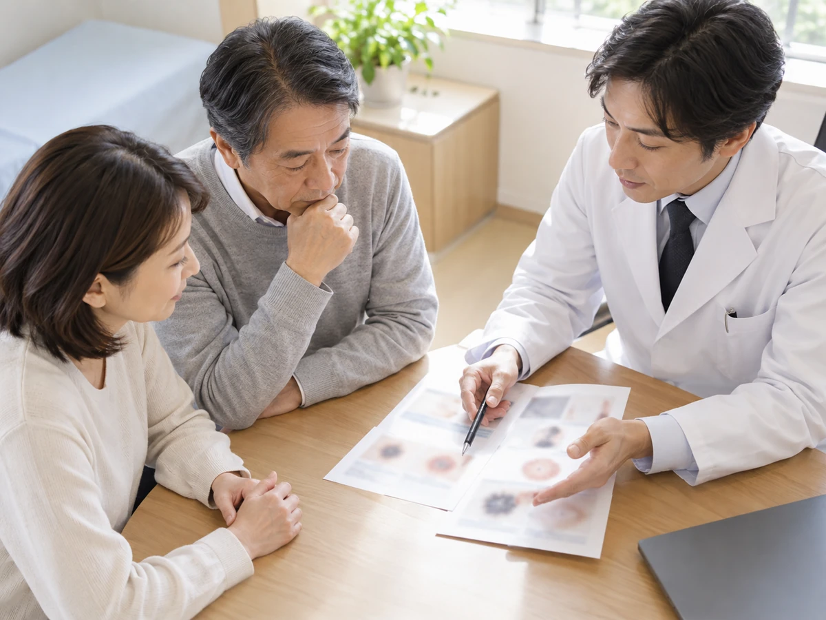 医師が紙の資料を使い、男性と家族に説明している。