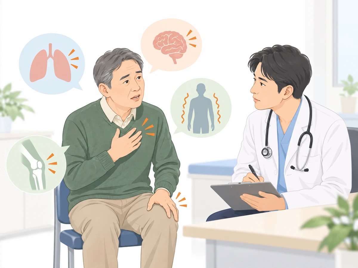 胸や体の痛みについて男性が医師に伝え、肺・骨・脳などのアイコンが添えられたイラスト。