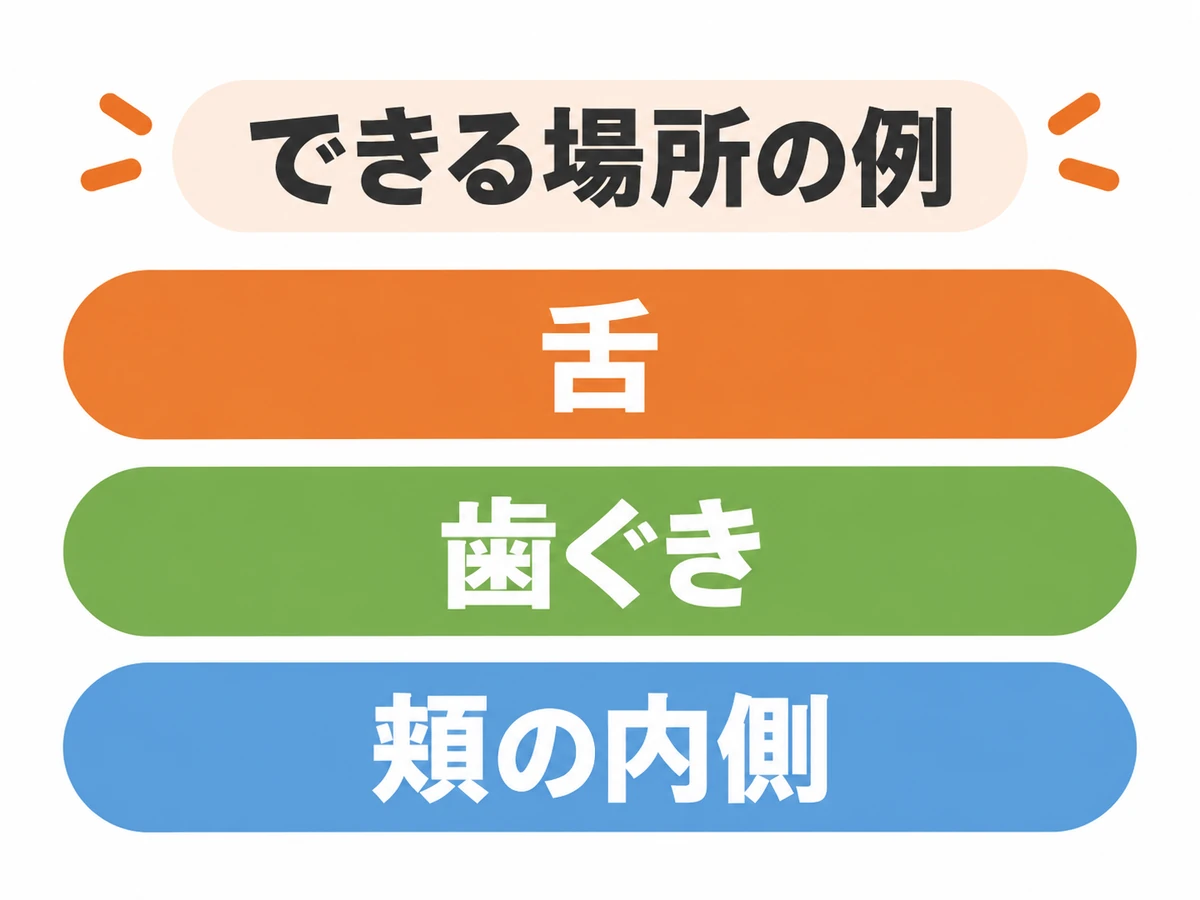 口腔がんができる場所の例として舌、歯ぐき、頬の内側を示す図