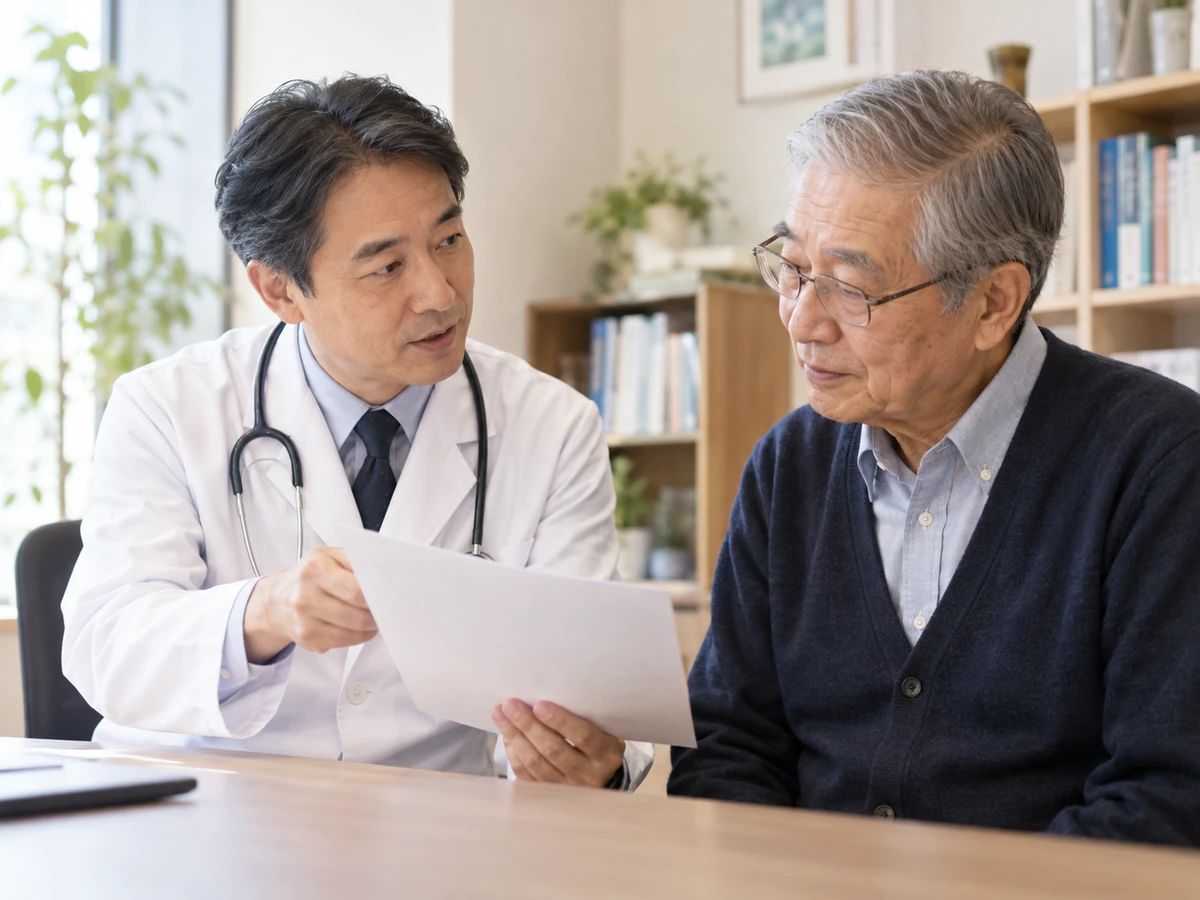 前立腺がんの性質について資料を見ながら医師の説明を聞く年配の男性