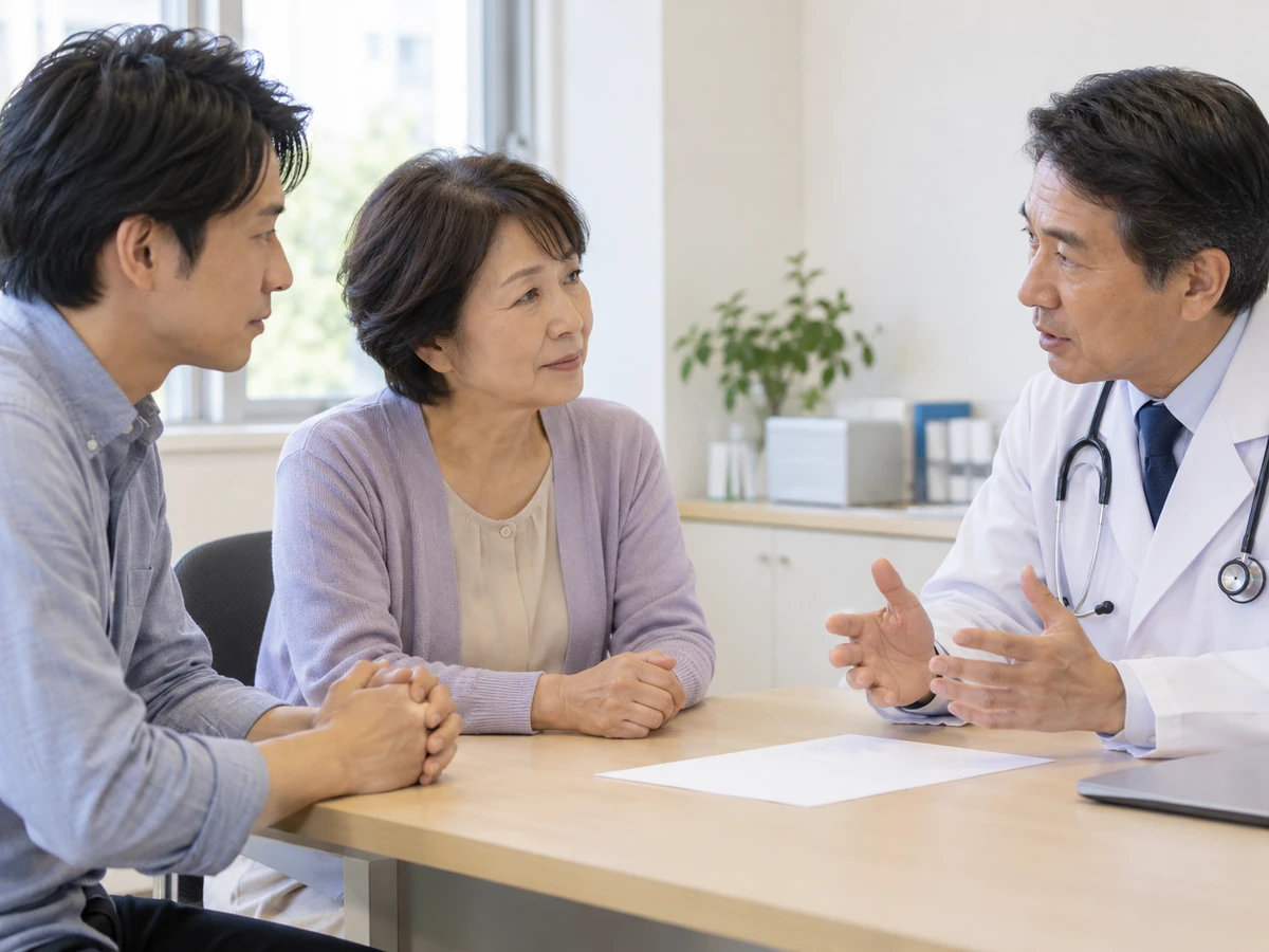女性と家族が診察室で医師の説明を一緒に聞く様子
