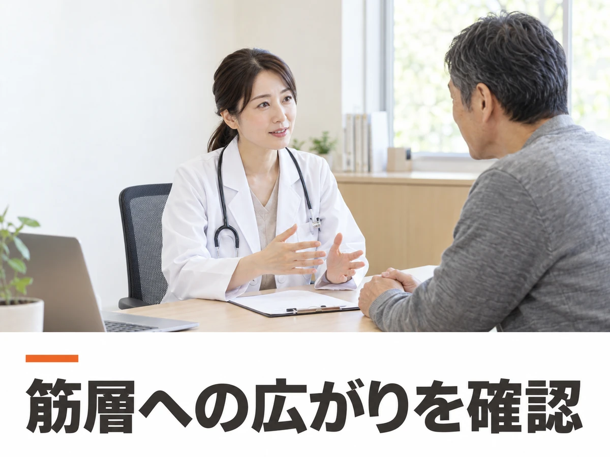医師と相談する男性の写真に、「筋層への広がりを確認」と添えた画像。