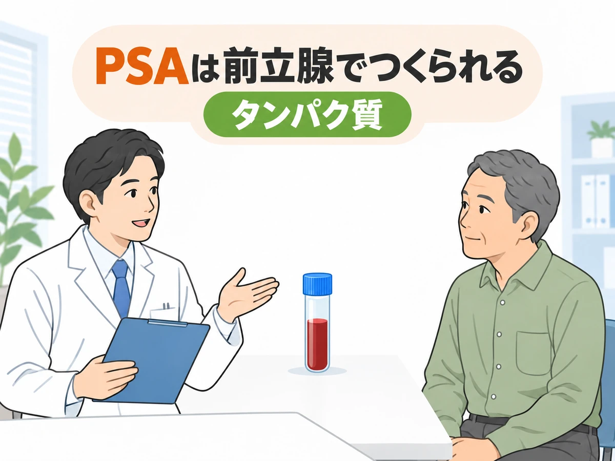 PSAは前立腺でつくられるタンパク質であると示す、採血管と医師・男性のイラスト