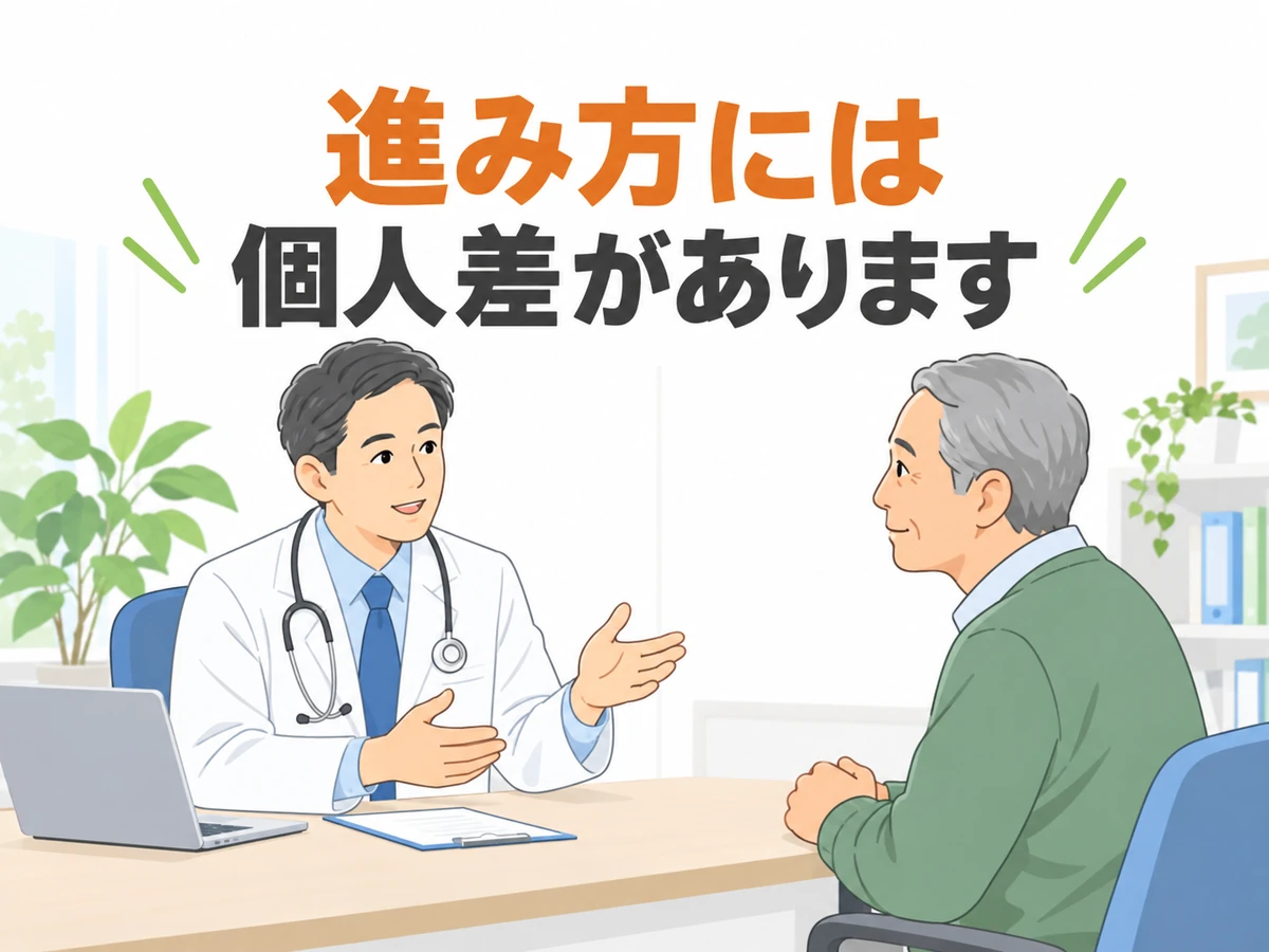 前立腺がんの進み方には個人差があると伝える、男性と医師の相談のイラスト
