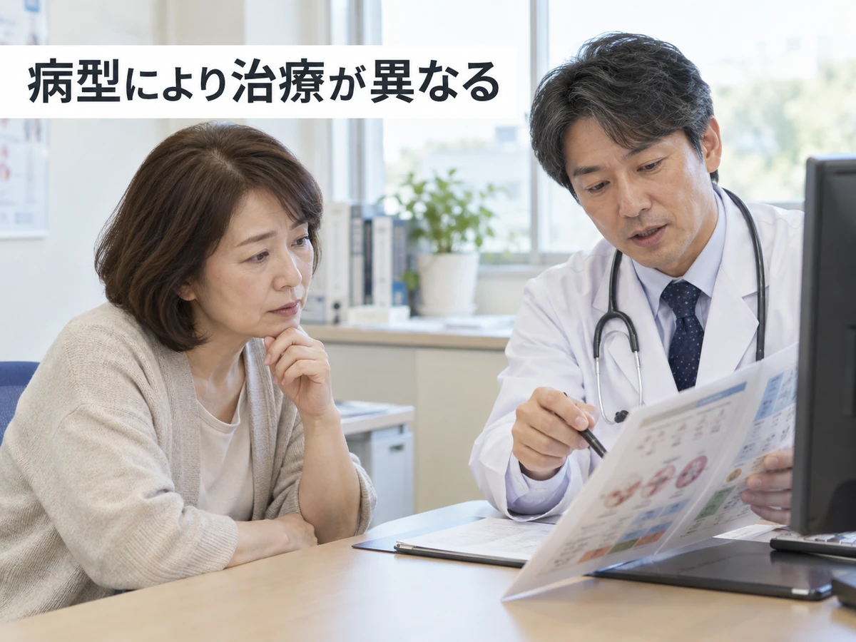 病型により治療が異なることを医師と確認する女性の写真