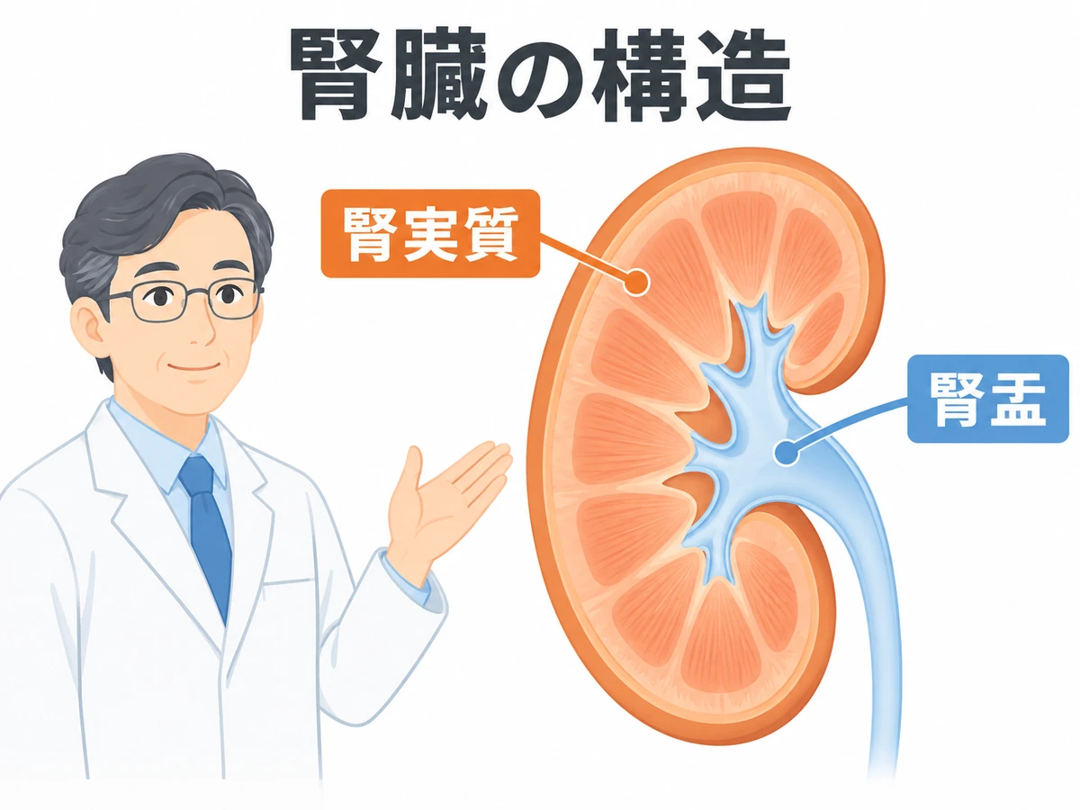 腎臓の断面で、尿をつくる腎実質と、尿を集めて尿管につながる腎盂の位置を示すイラスト。