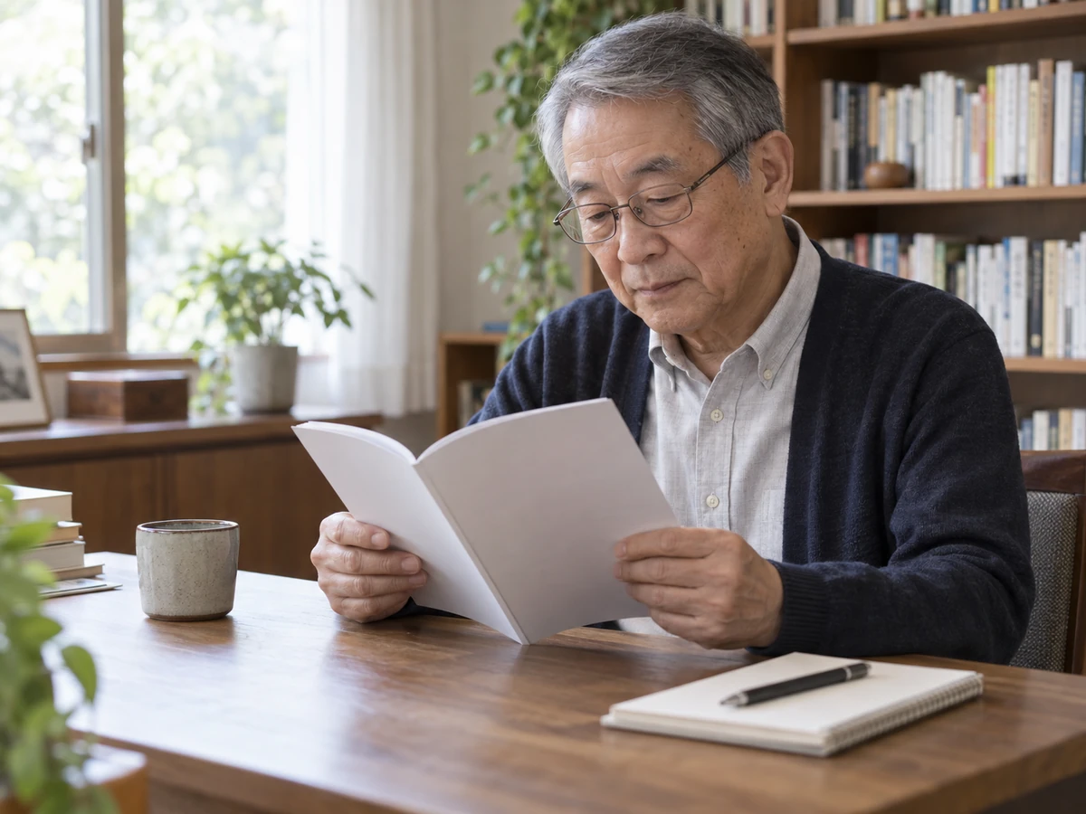 自宅の机で、眼鏡をかけた男性が冊子を読んでいる。