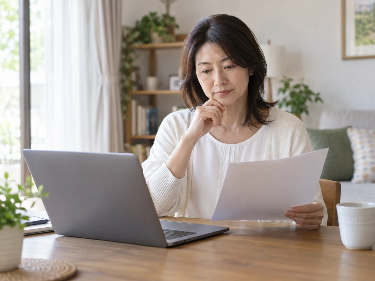 自宅でパソコンと手元の資料を読む女性