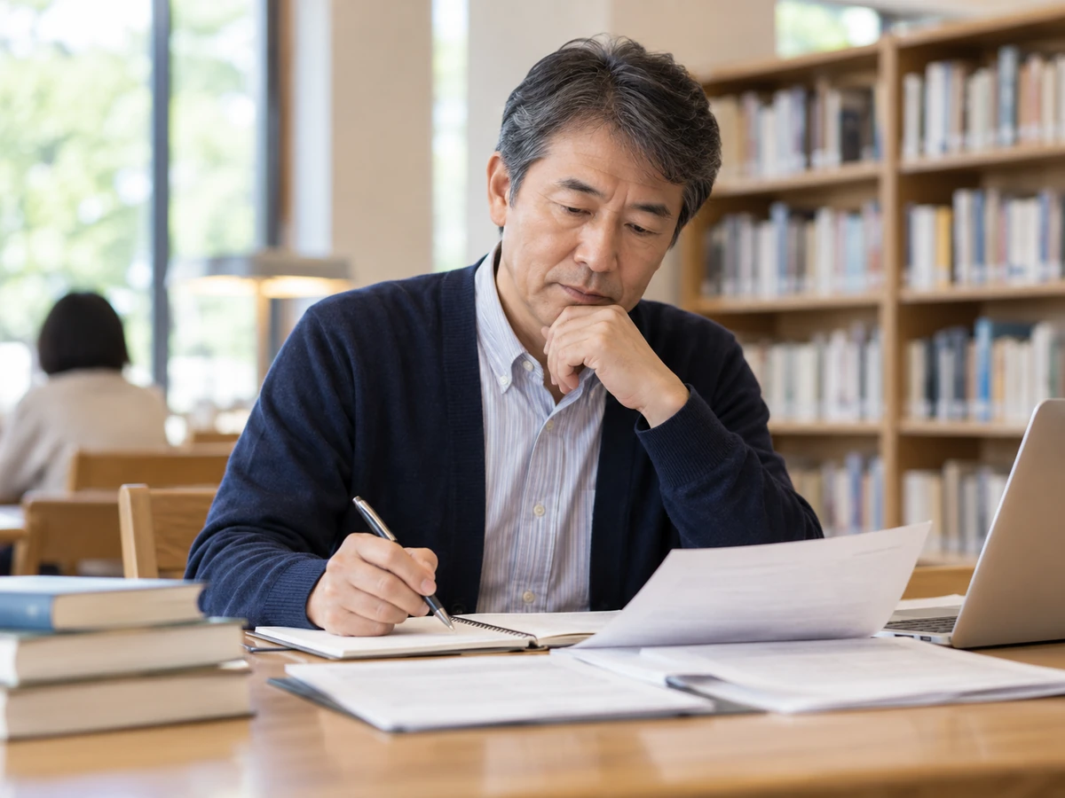 静かな机で資料を読み、ノートに情報を整理する男性のイメージ写真