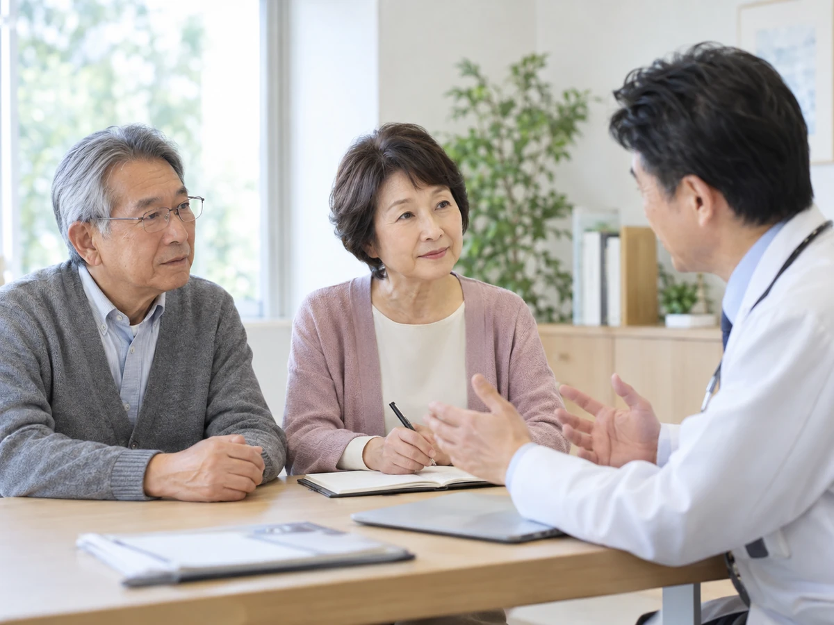 夫とともに医師の説明を聞く女性