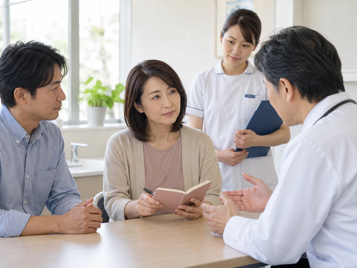 男性と女性が、医師と看護師に症状について相談する様子