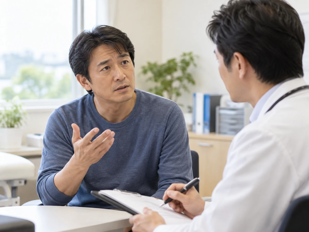症状や治療について医師に質問する男性の写真