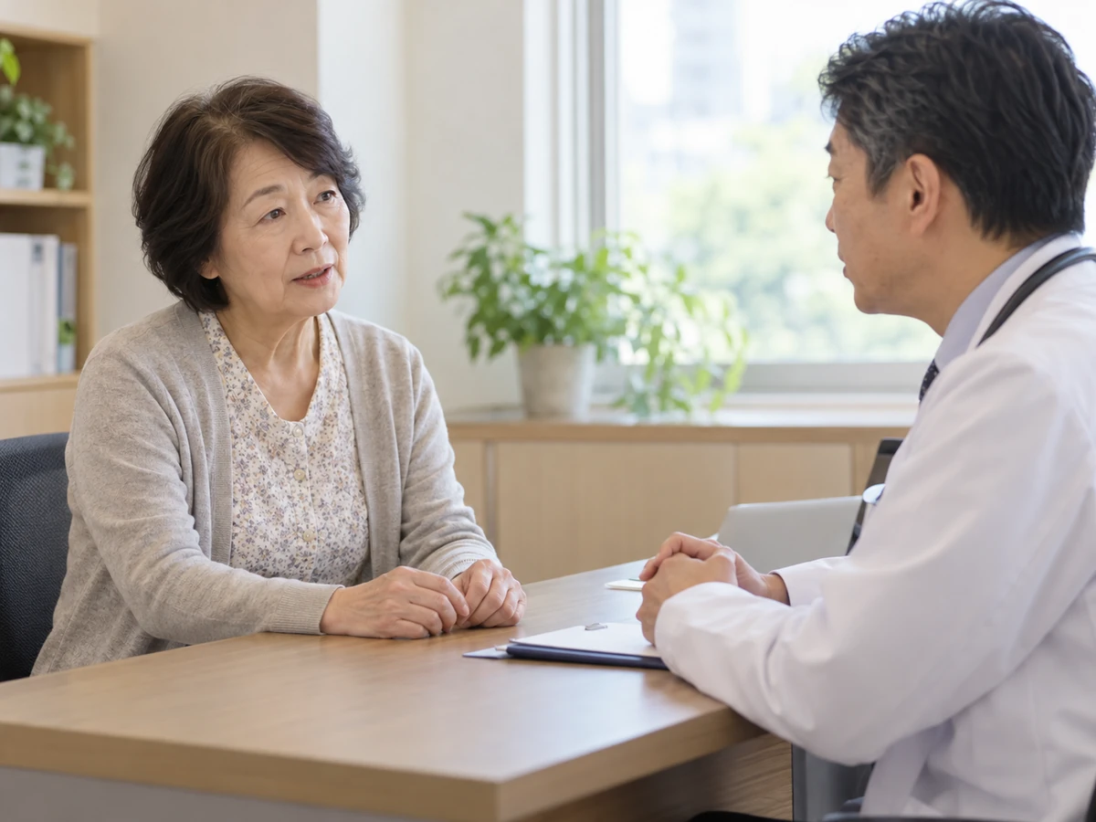 女性が医師と向かい合い、落ち着いて見通しについて話している。