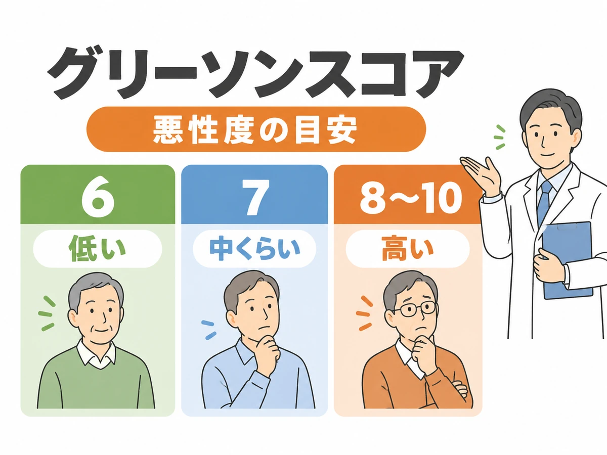 グリーソンスコアは悪性度の目安で、6は低い、7は中くらい、8〜10は高いと示す図解