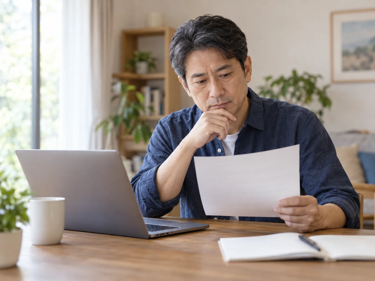 自宅でパソコンと手元の資料を確認する男性