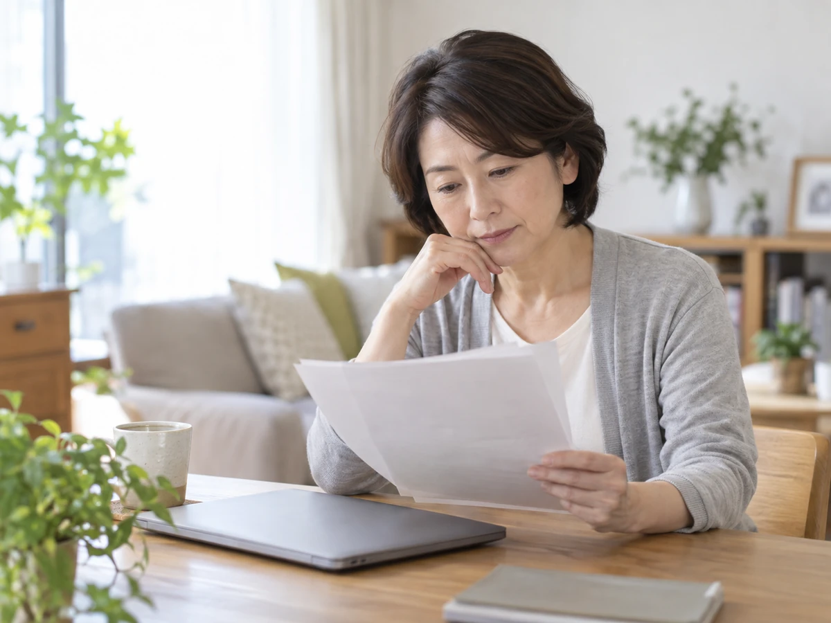 自宅で資料を読み病気の情報を確認する女性