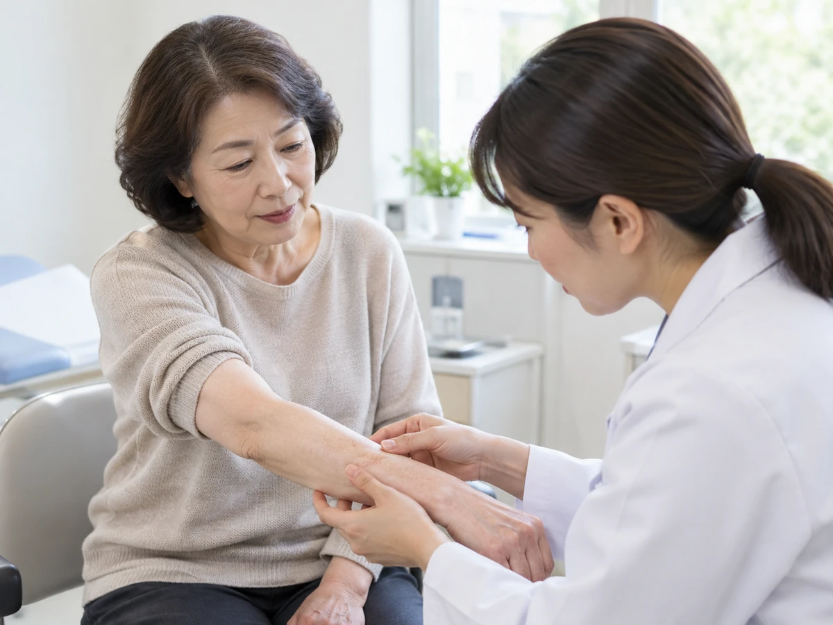 女性が前腕を見せ、医師が皮膚を確認している。