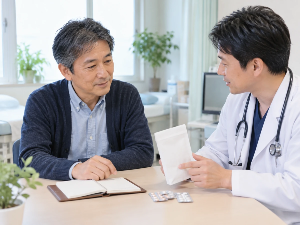 薬について医師の説明を聞く高齢男性の写真