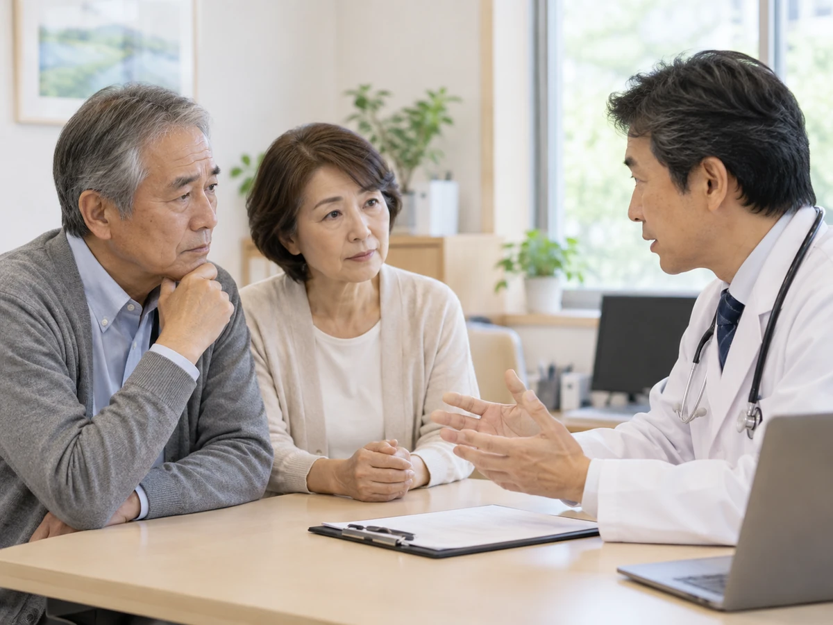 妻とともに医師の説明を聞く男性