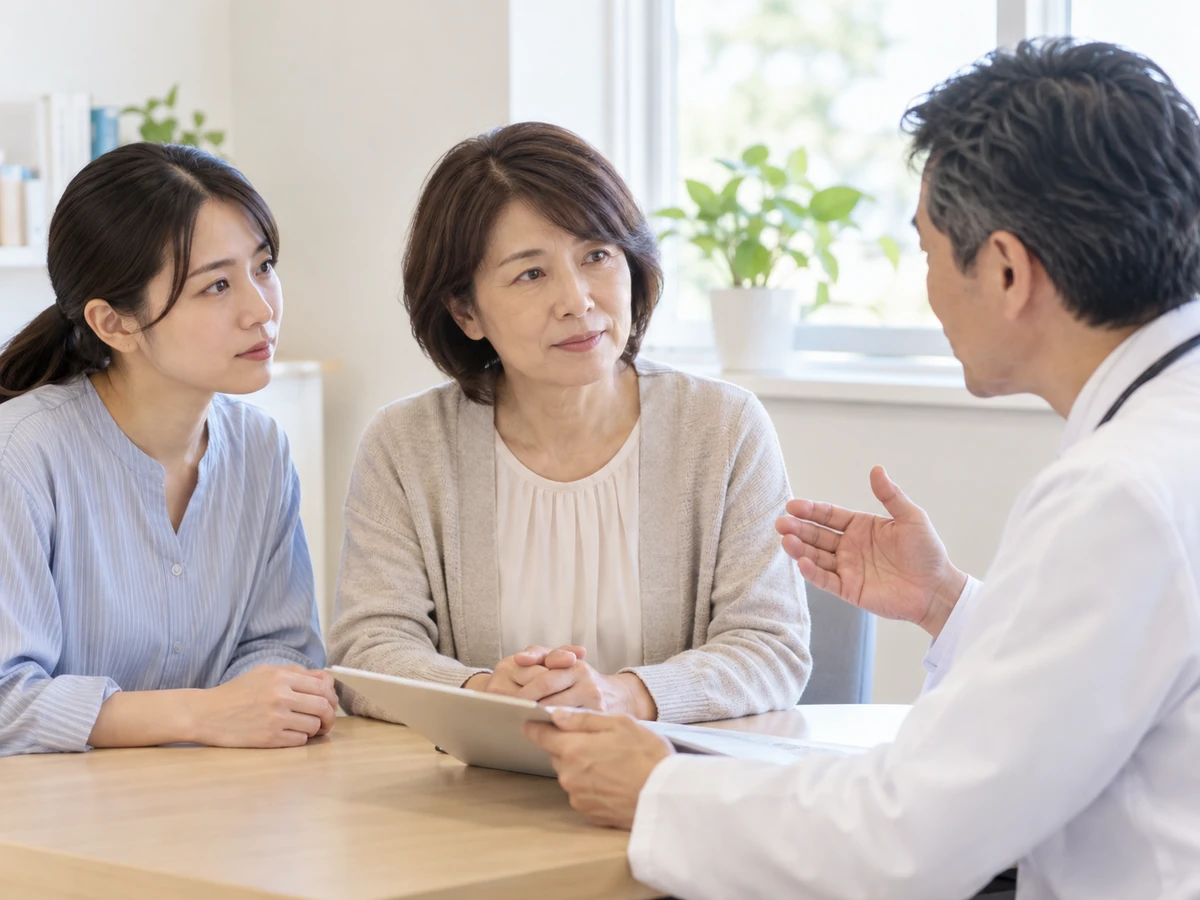 医師の説明を家族と一緒に聞く女性の写真