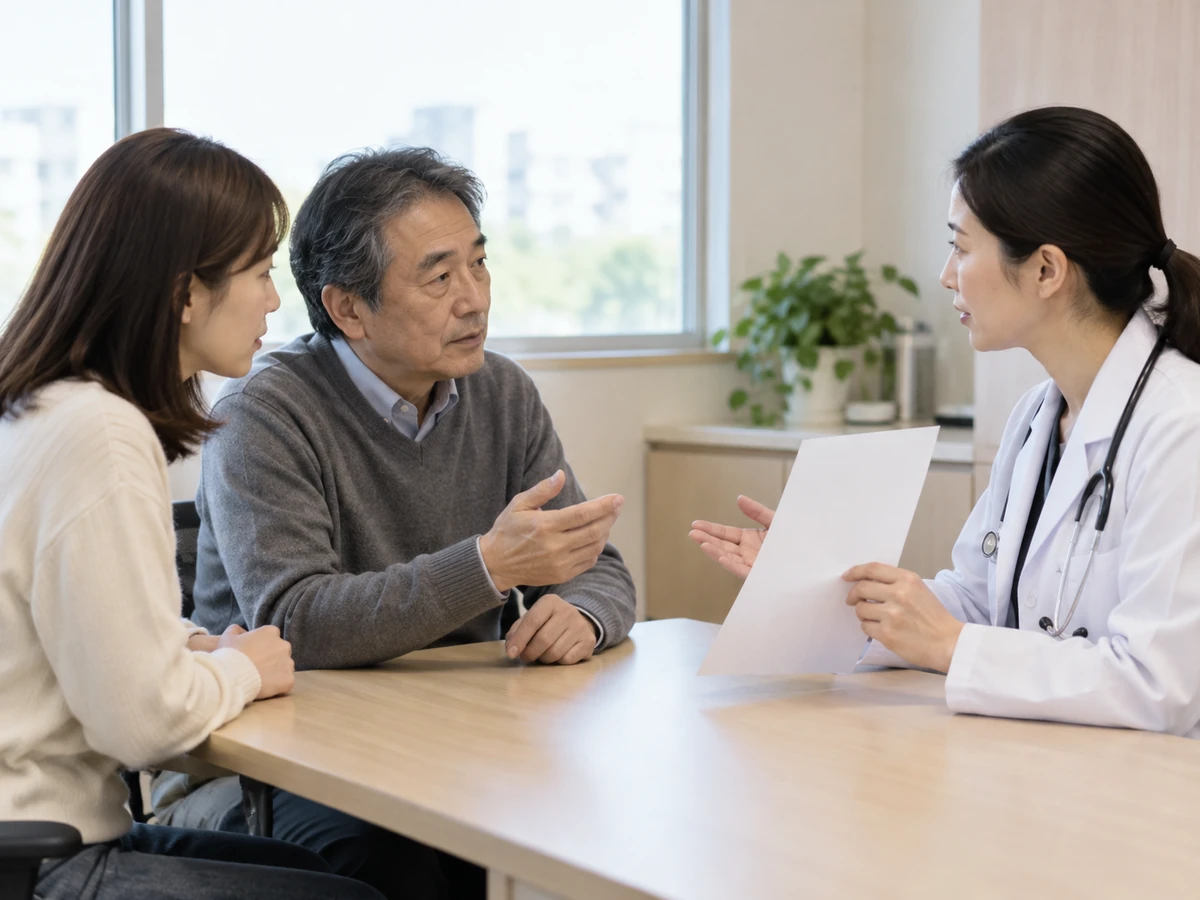 男性と家族が、女性医師の説明を聞く様子