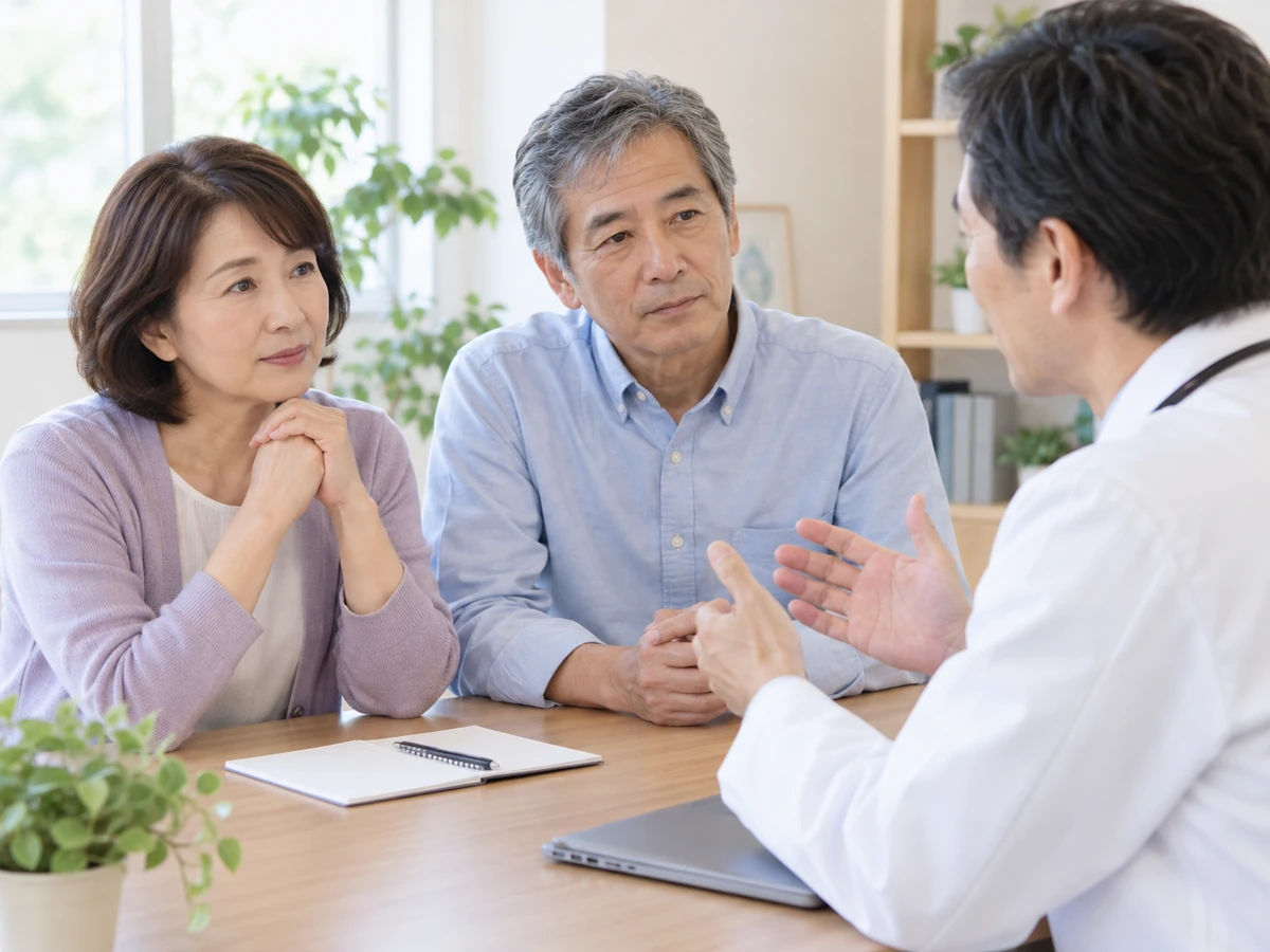 がんの進行度や見通しについて医師の説明を聞く夫婦