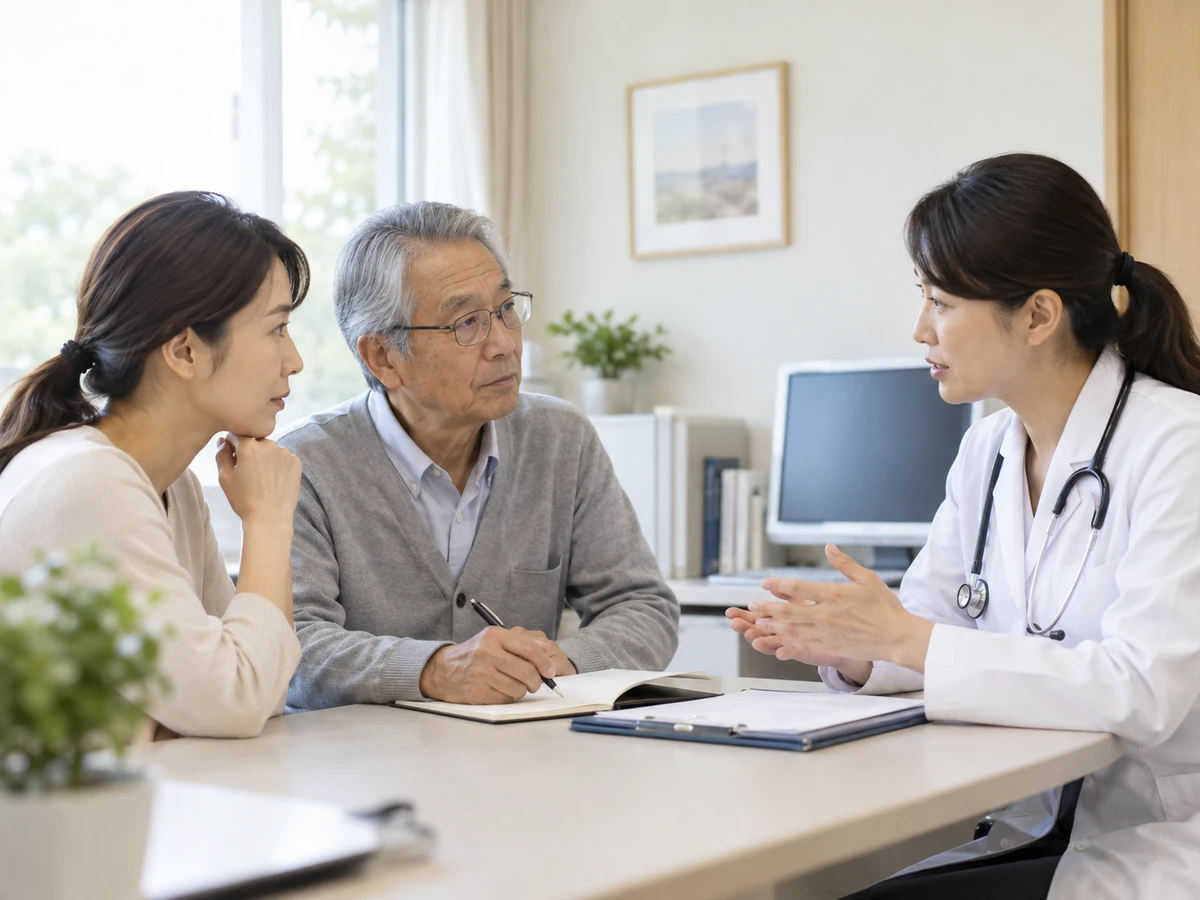 家族とともに前立腺がんの病期や見通しについて医師へ相談する年配の男性