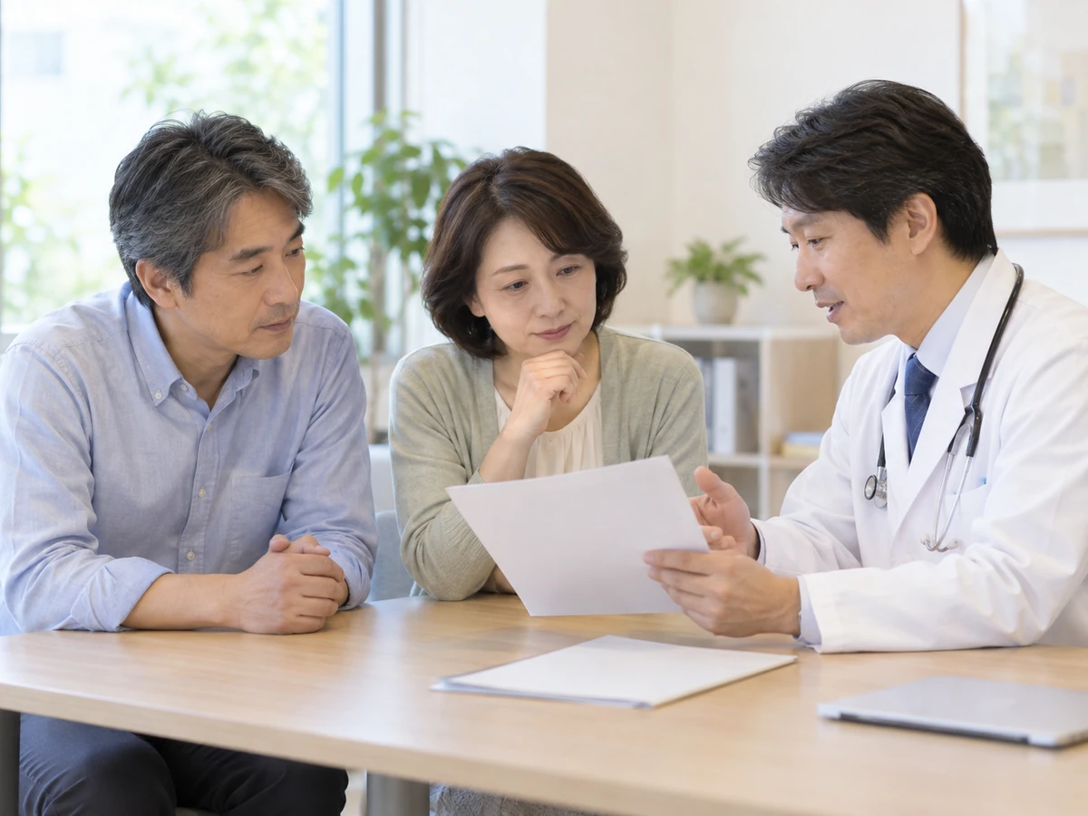 パートナーとともに医師から検査資料の説明を受ける女性。