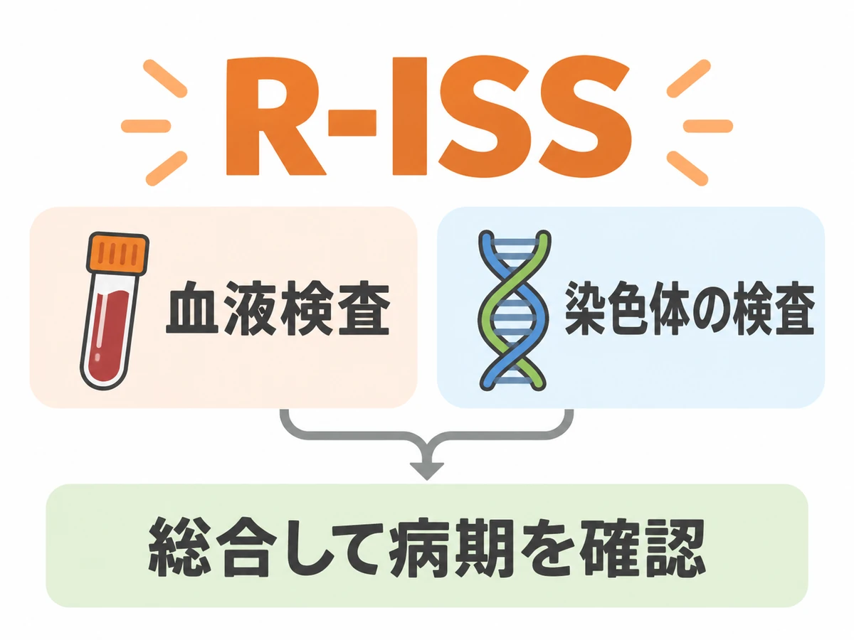 R-ISSでは血液検査と染色体の検査を総合して病期を確認することを示した図解