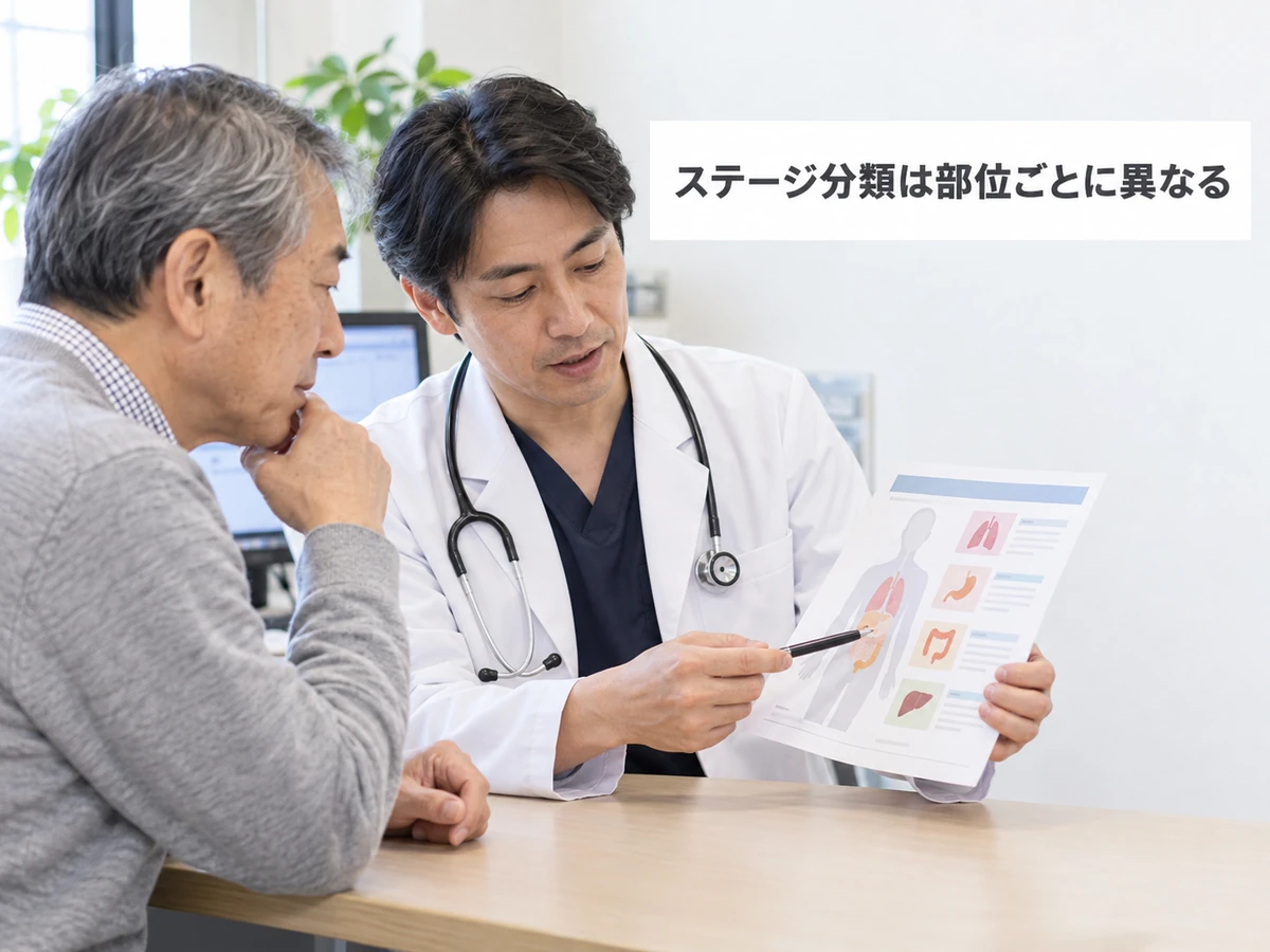 ステージ分類は部位ごとに異なることを確認する診察場面