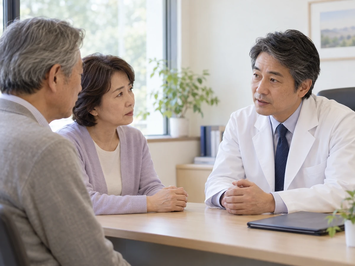 夫婦が診察室で医師と向き合い、今後の見通しについて話している。