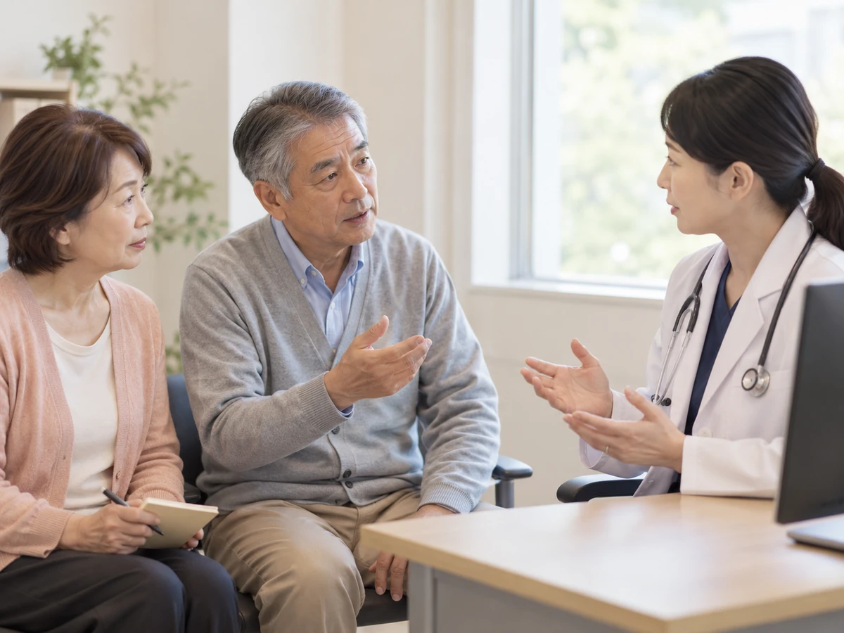 妻がノートを持って同席し、男性が女性医師に今後の見通しを質問する様子