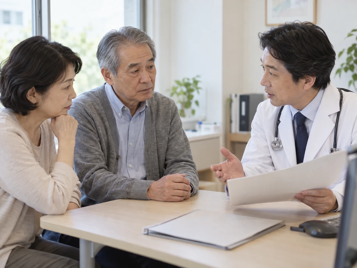 夫婦が医師の説明を聞き、資料を前に話し合っている。