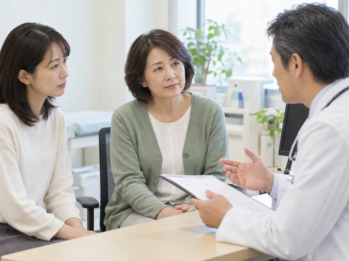 家族と一緒に医師の説明を聞く女性の写真