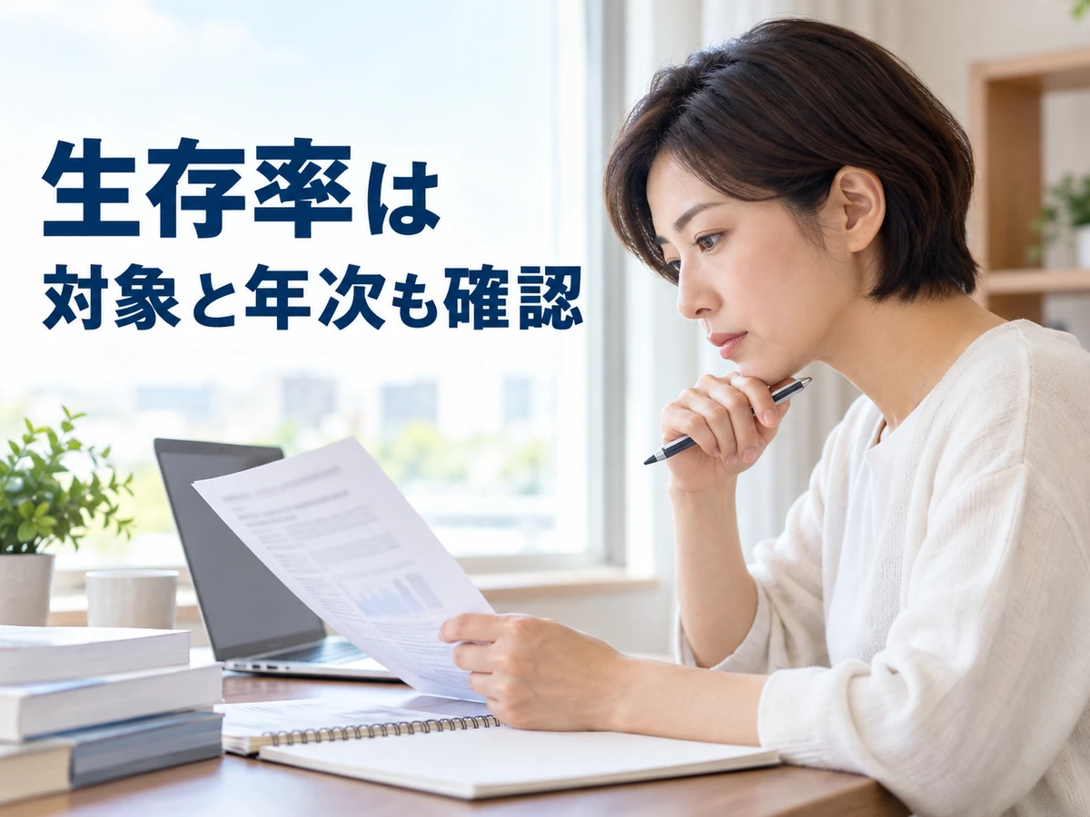 生存率は対象と年次も確認というコピーを添えた、資料を読む女性のイメージ写真