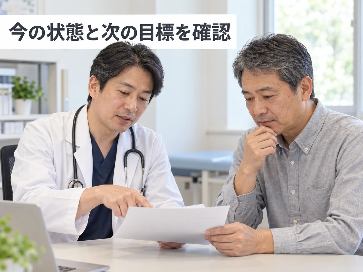 今の状態と次の目標を医師と確認する男性の写真