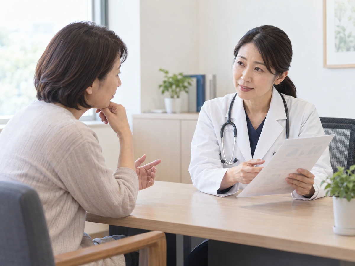 相談室で女性が医師に質問しながら資料の説明を聞いている。