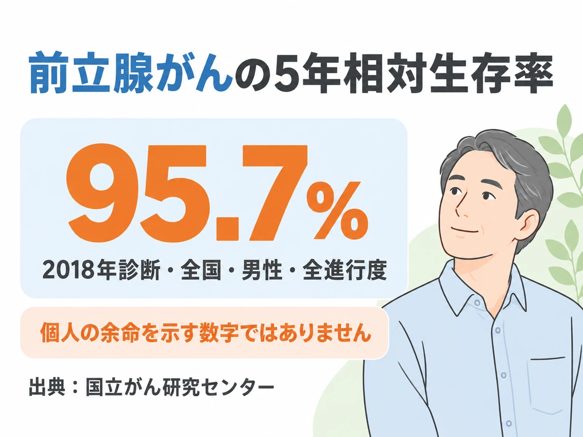 2018年診断の全国・男性・全進行度の前立腺がんの5年相対生存率95.7%と、個人の余命を示す数字ではないことを示す図解