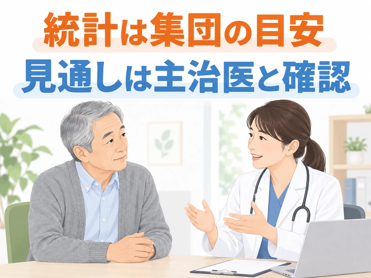 統計は集団の目安、見通しは主治医と確認という言葉を添えた相談イラスト