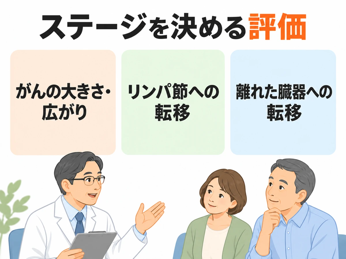 腎細胞がんのステージを決める評価として、がんの大きさ・広がり、リンパ節への転移、離れた臓器への転移を示す図解。