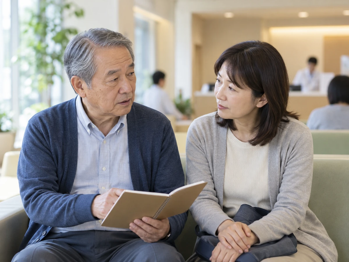 病院の待合室でノートを見ながら娘と話す男性の写真