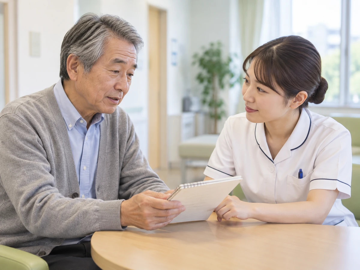 通院時に体調のメモを看護師へ見せる男性