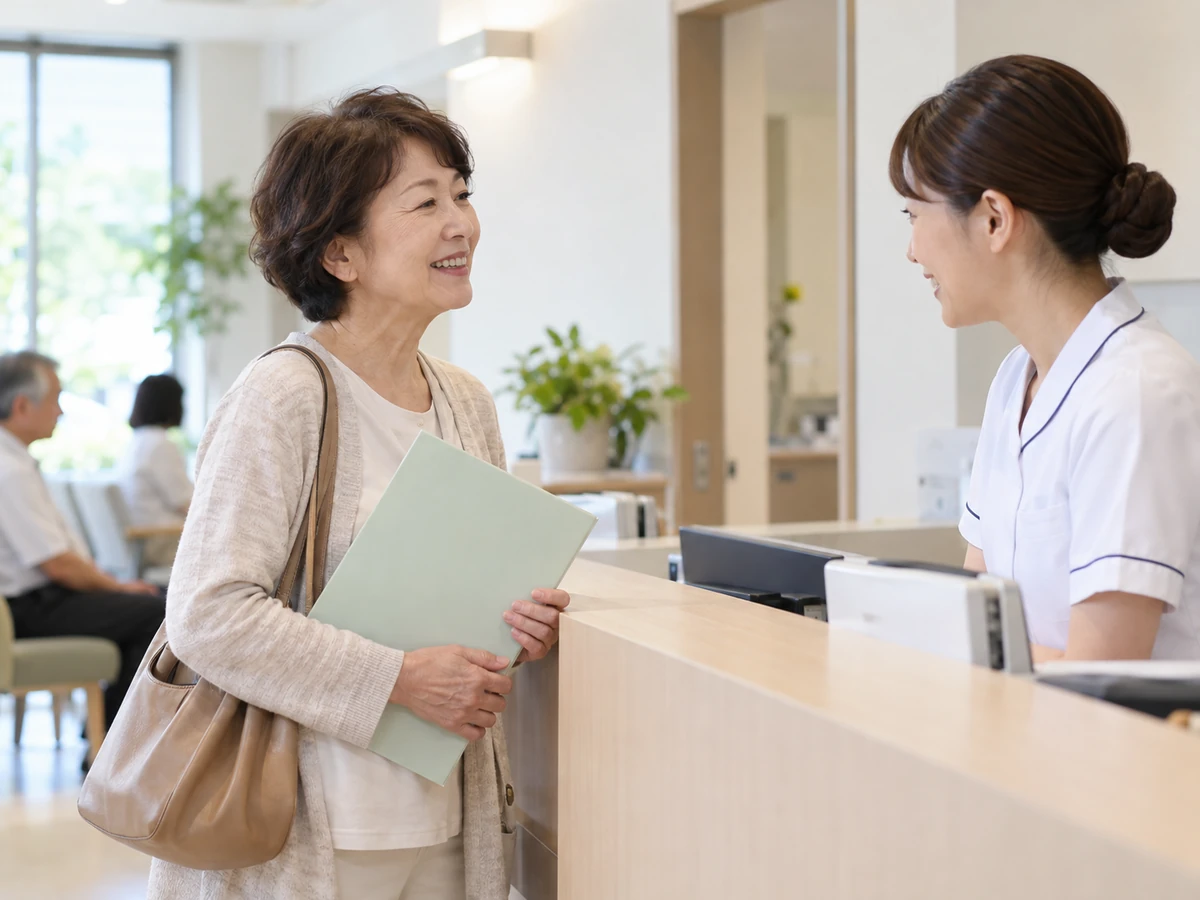 病院の受付で看護師と話す女性