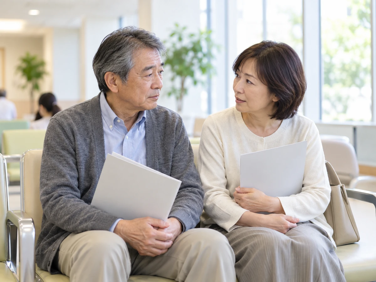 待合室で資料を持ち、互いに話をする男女