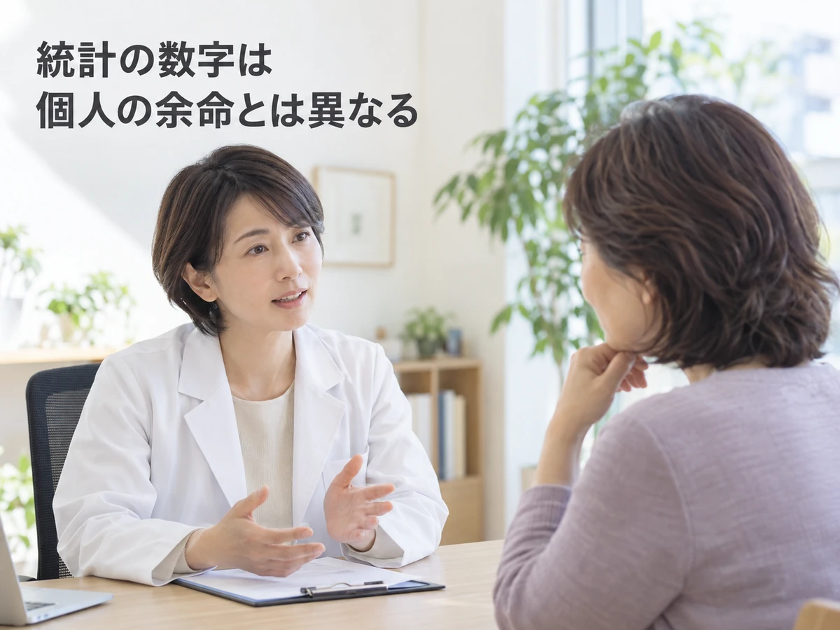 統計の数字は個人の余命とは異なると伝える、女性と医師の相談写真。