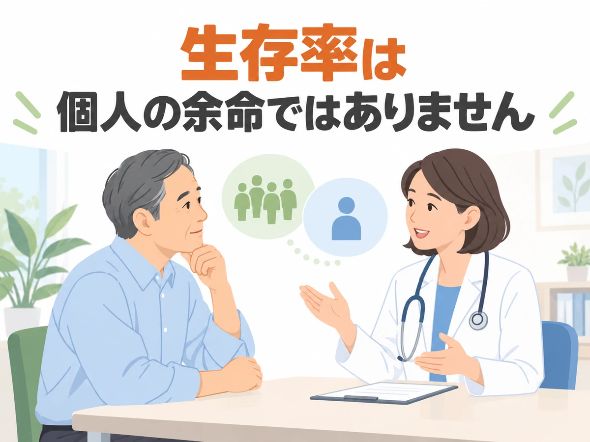 生存率は個人の余命ではないことを伝える、集団と個人のアイコンと男性が医師へ相談するイラスト