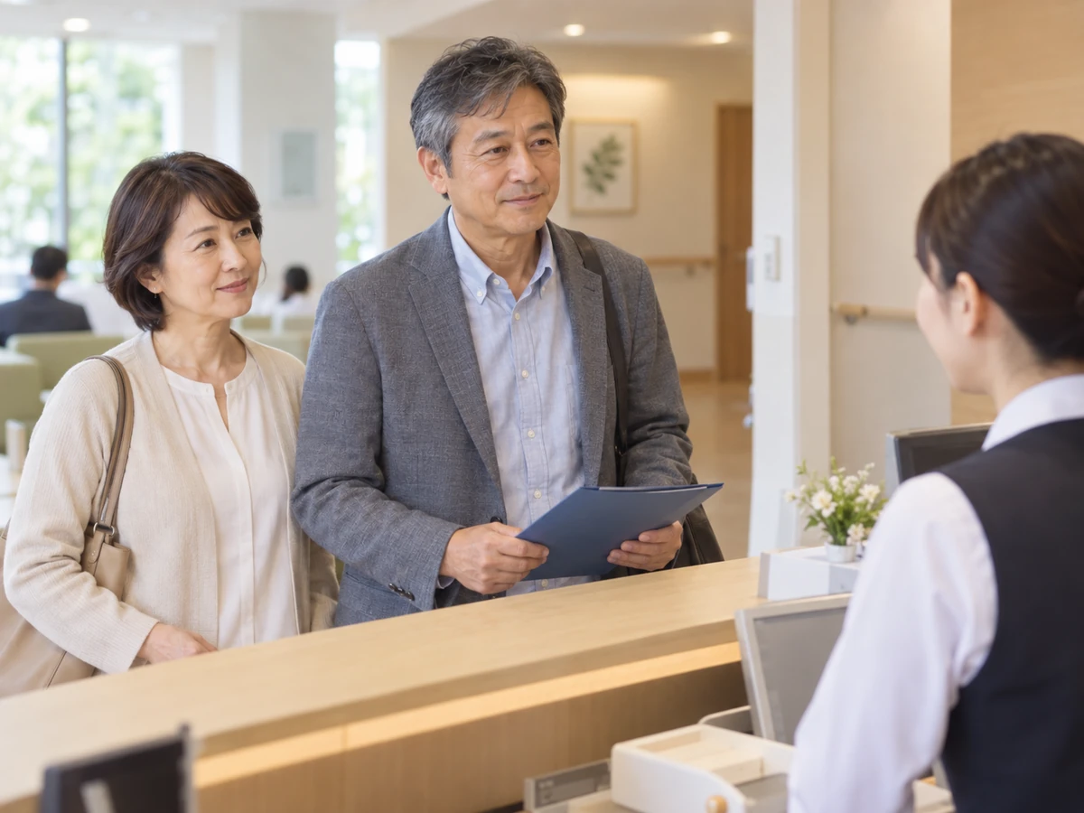病院の受付で書類を確認する夫婦