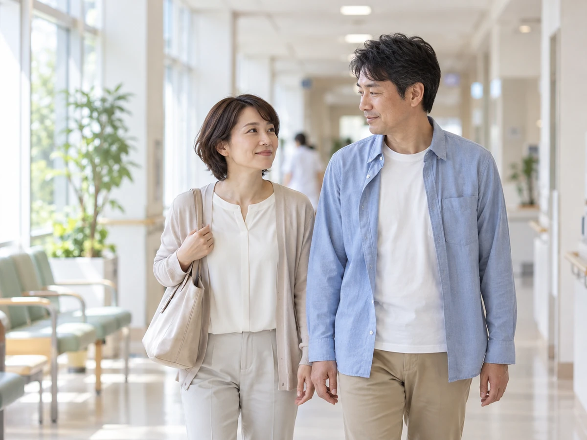 病院の明るい廊下を並んで歩く男女