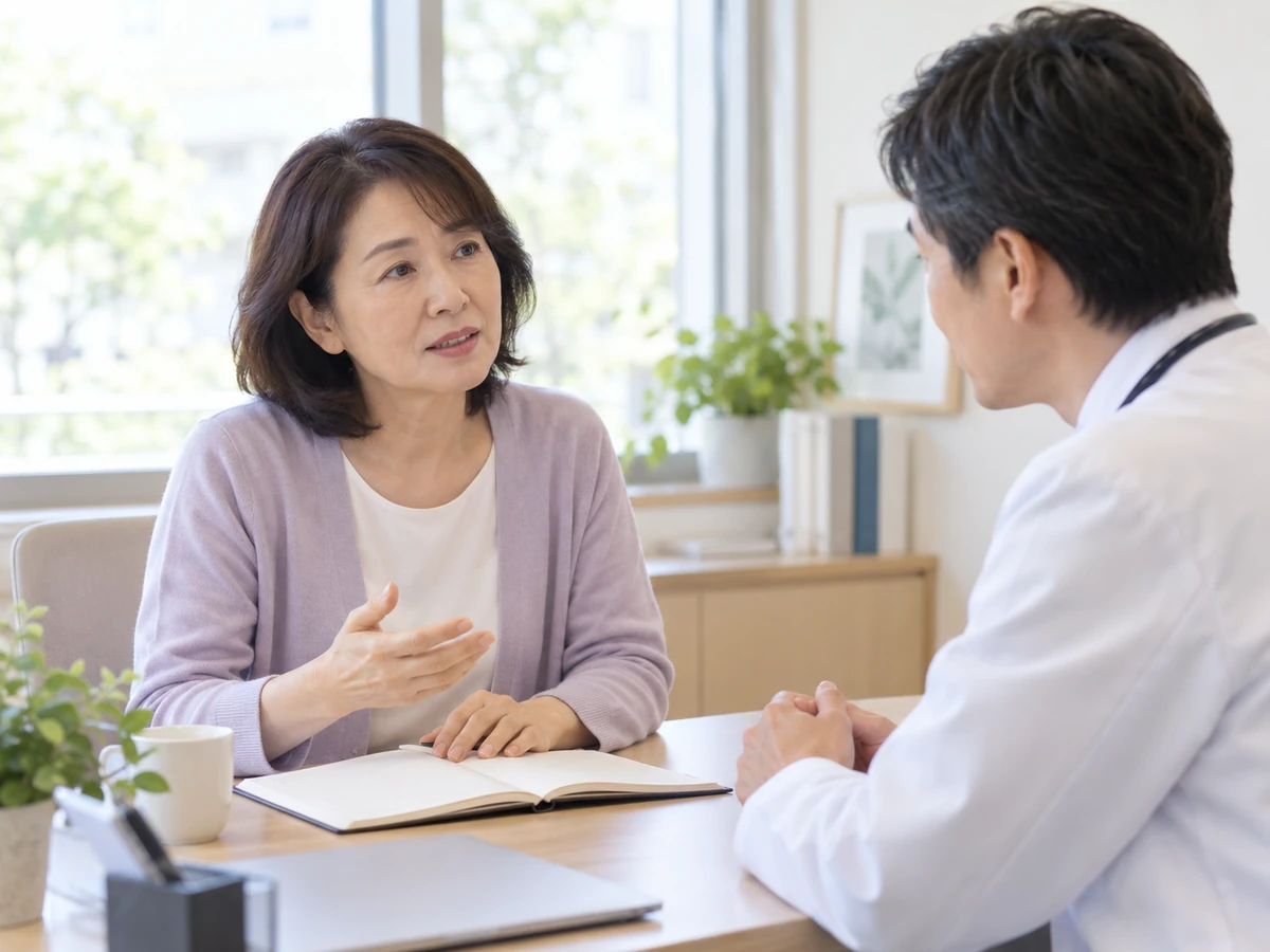 ノートを開き、最近の体調を医師に伝える女性。